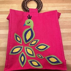 Pink Tweed Bird Applique Wood Handle Tote Zippered Top